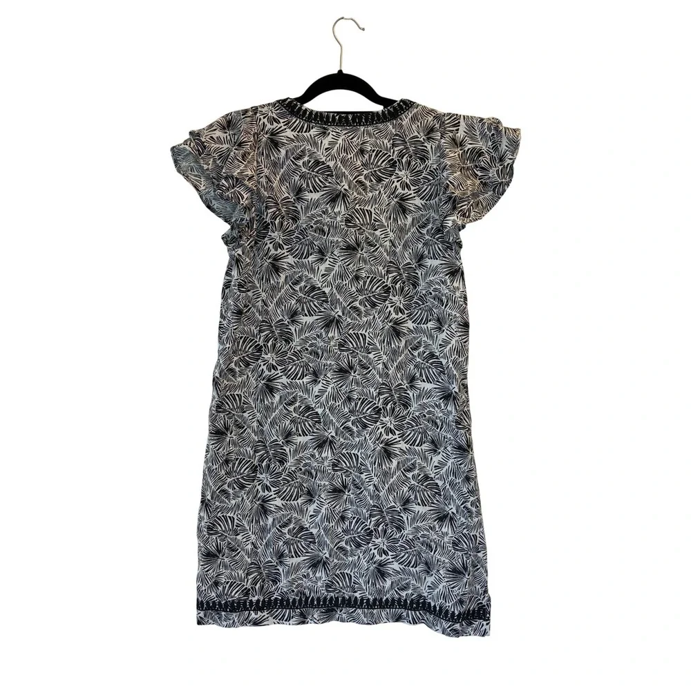 Vineyard Vines Linen Dress XS Embroidered Black White Palm Print Pom Pom Boho